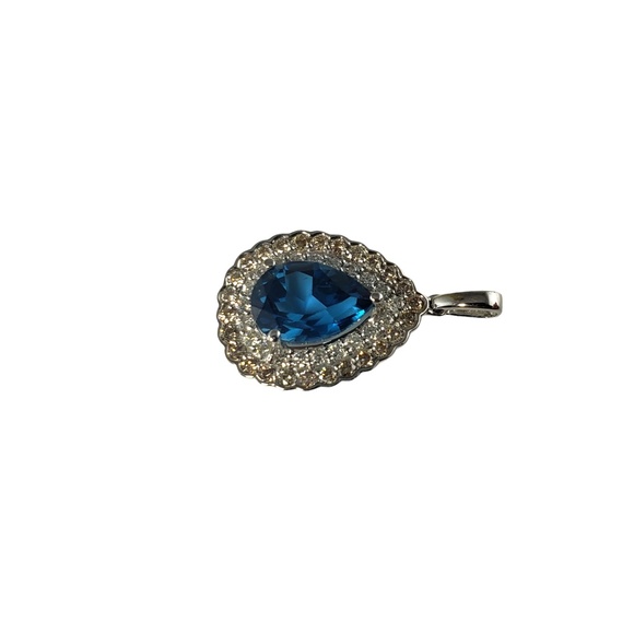 Vintage 18 K White Gold Blue Topaz & White & Champagne Diamond Pendant #13735 - Picture 2 of 8